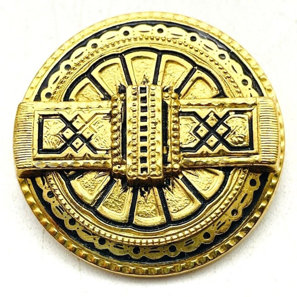 CAROLINE STUART Newark NY Art Deco Pin Gold Tone Black Etching Emmons Jewelry